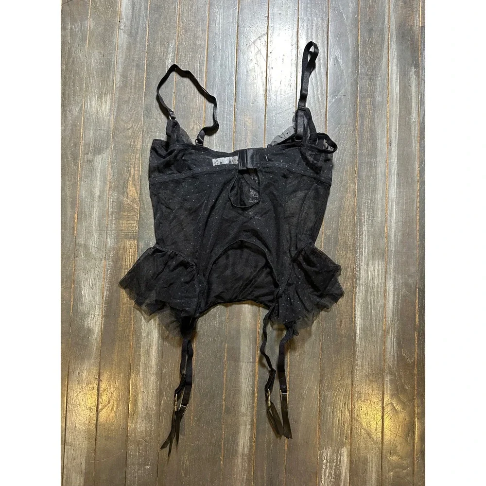 Adore Me Black Swiss Dot Mesh Bustier Ruched Garter Top Underwire Ruffle Trim